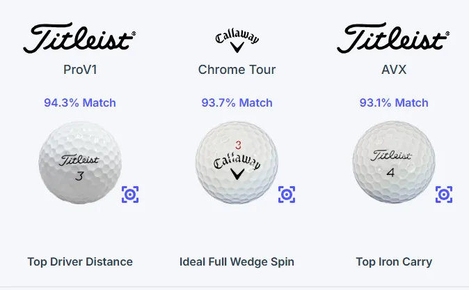 Example Ball Fitting results showing three recommended golf ball models.