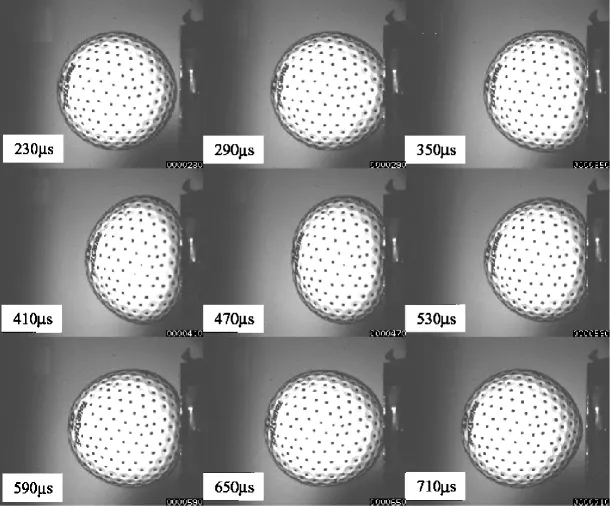 High-speed frames of a golf ball deforming against a clubface at impact, timed in microseconds.