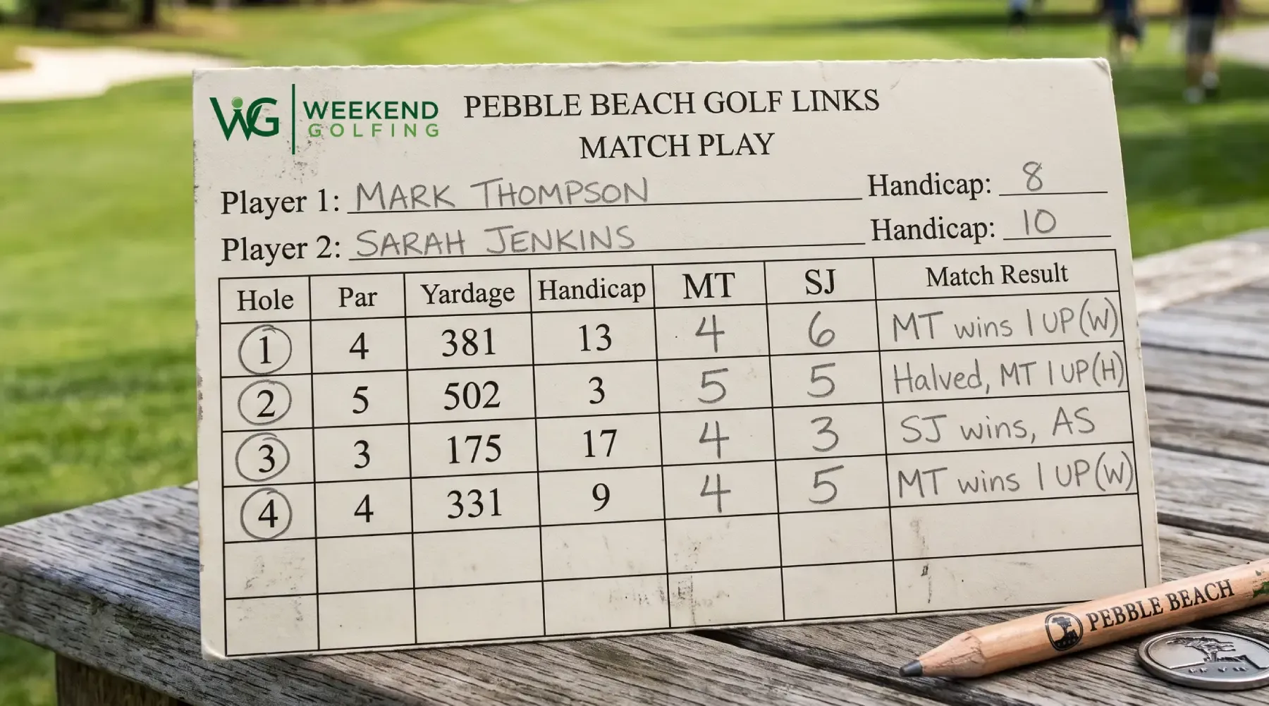 A match play scorecard with a column for each player's score and a match result column reading MT wins 1 up, halved, SJ wins all square, MT wins 1 up.